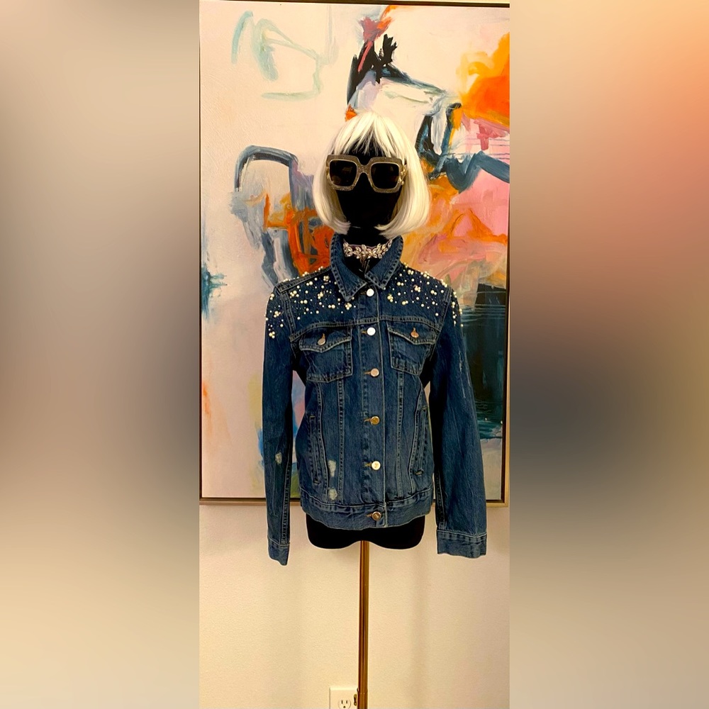Blue Denim Jacket .Pearls, crystals,beads. Distressed look.